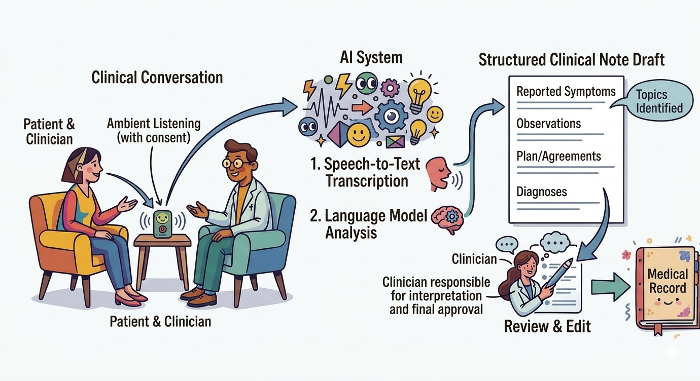 MHIRA model diagram: a clinical conversation with ambient listening (with consent) feeds into an AI system that runs speech-to-text transcription and language-model analysis, producing a structured draft of clinical notes; the clinician interprets, reviews, edits, and approves before anything enters the medical record.