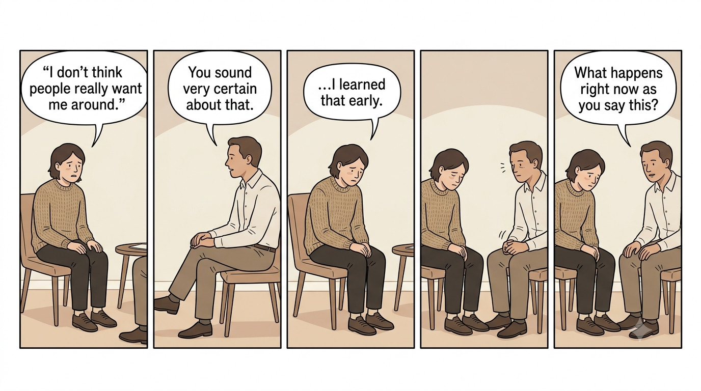 Five-panel comic strip of a therapy session: the patient speaks, the therapist reflects, the patient continues, a shared silence, then the therapist redirects to the present moment.